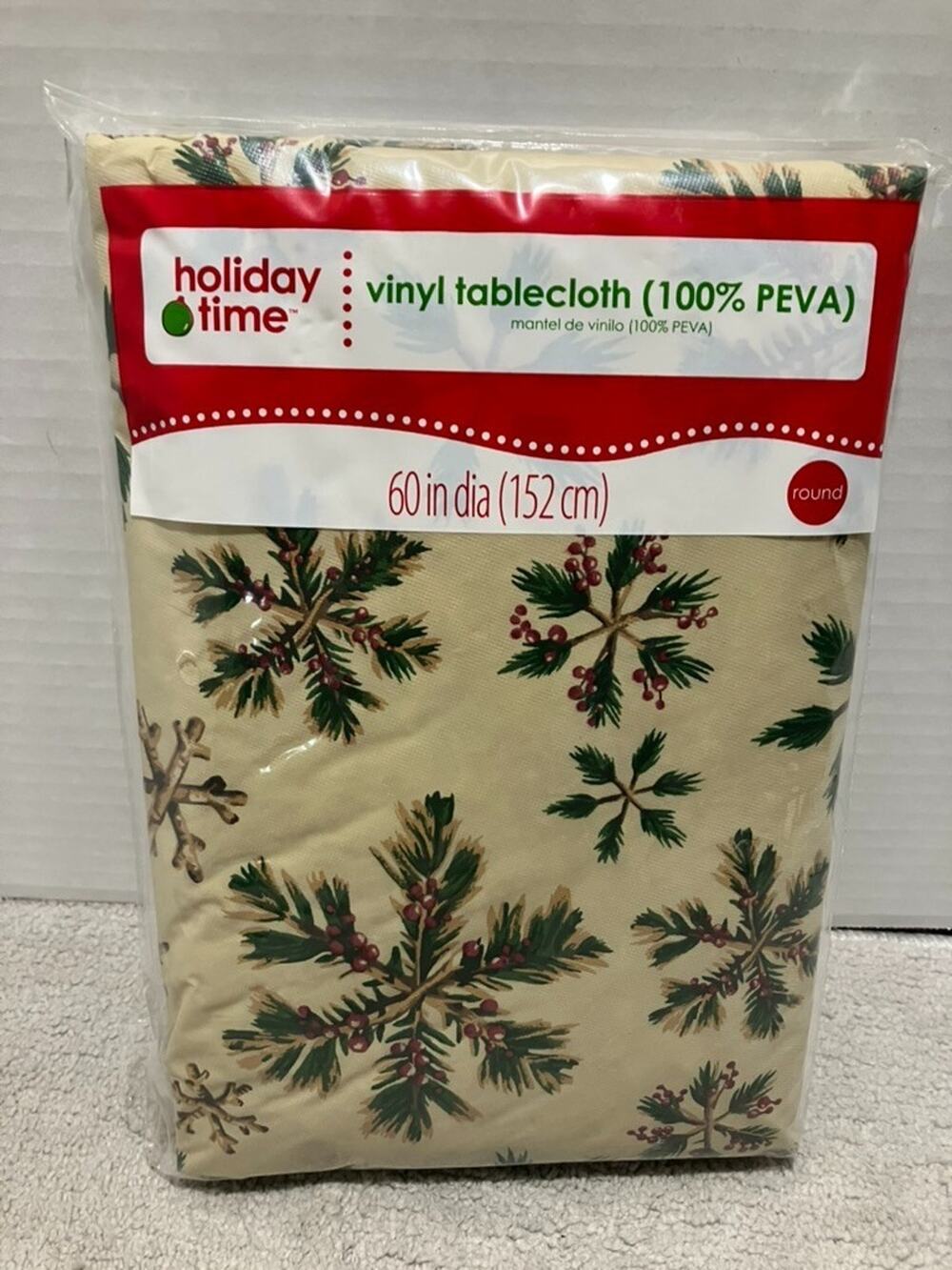 Holiday Time Christmas Wood Flake PEVA Vinyl Tablecloth 60 in Round NEW